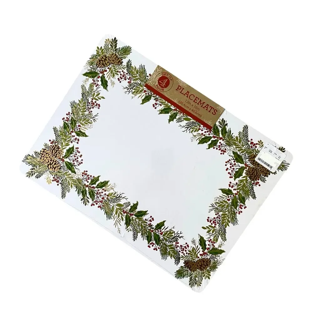 Christmas Cork Backed Hard Placemats Holiday Holly & Pine Garland Set of 4 New